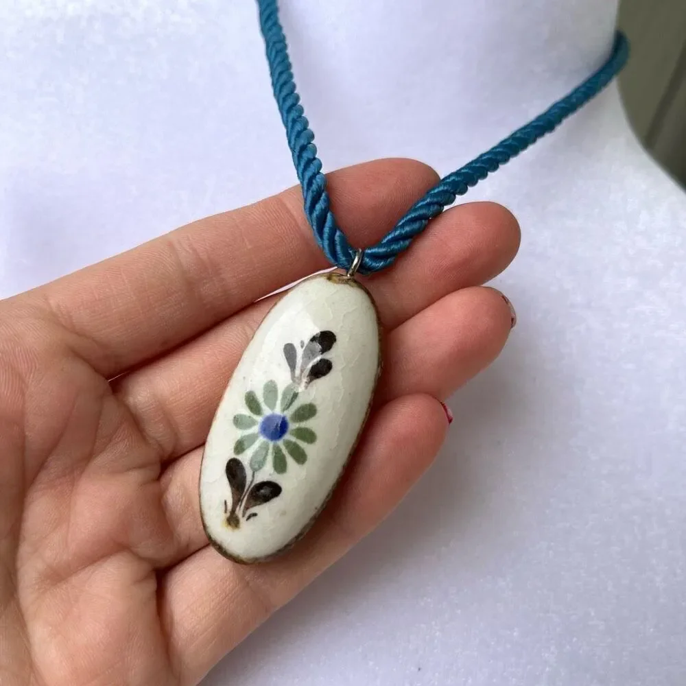 Vintage Hand-Painted Ceramic Floral Pendant Necklace on Blue Cord 60s/70s